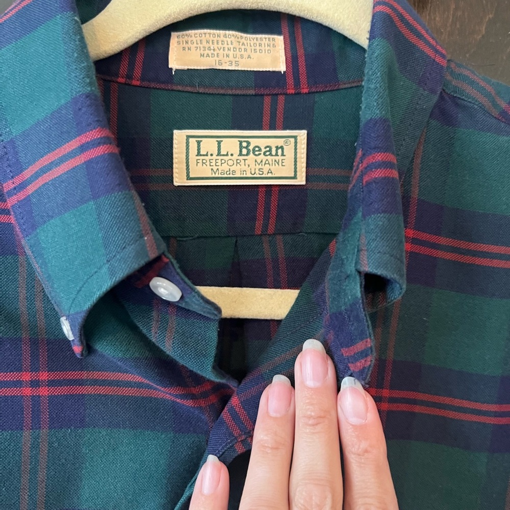 Flannel L.L. Bean Dark Green and Navy Plaid Cotton Button-Down Shirt